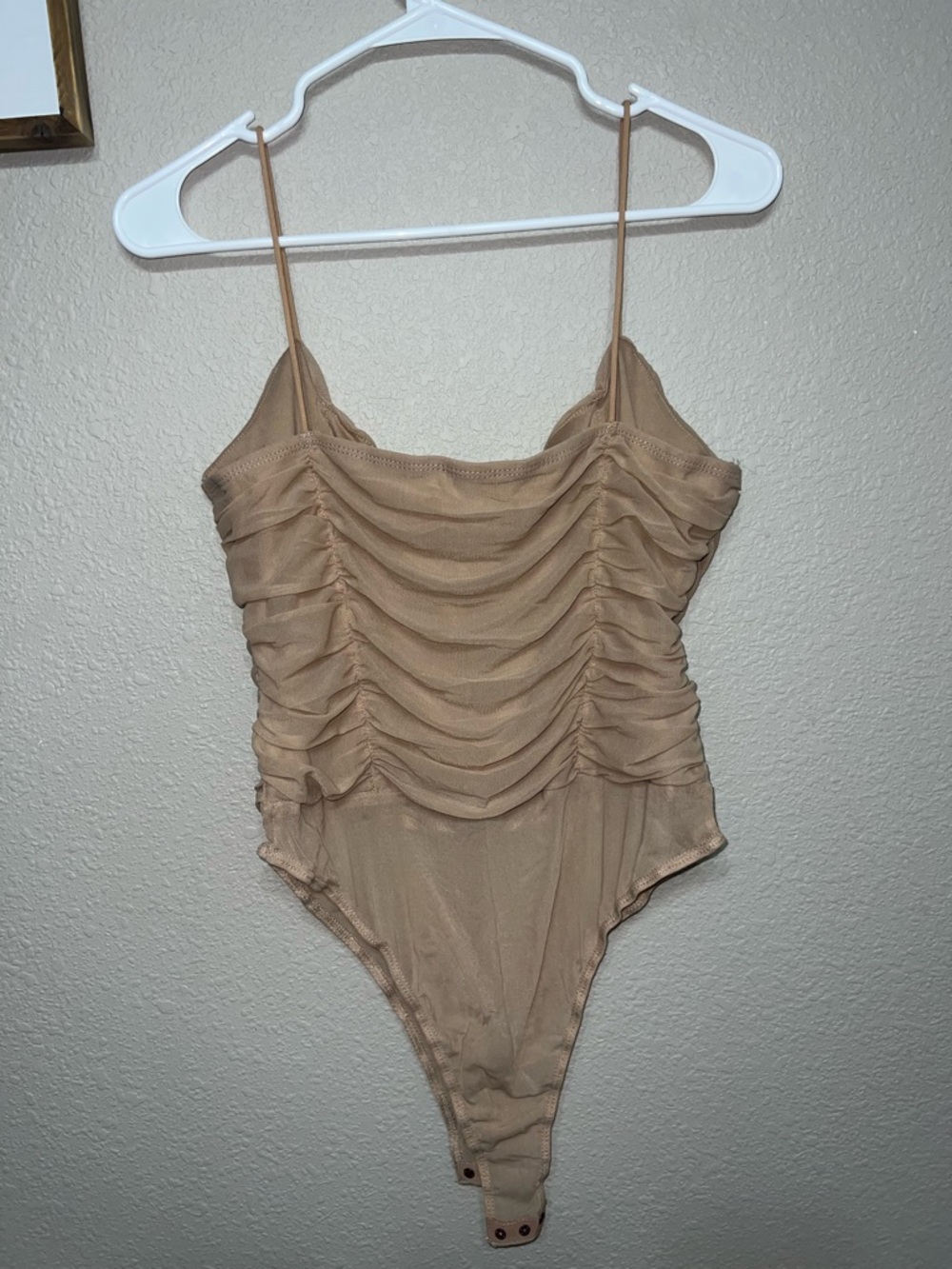 SHEIN Beige Ruched Mesh Cami One-Piece Bodysuit